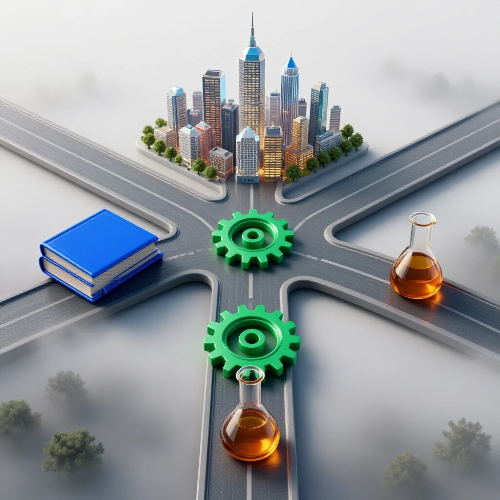 Colorful crossroads with academic symbols branching toward a bright city or a foggy empty landscape, highlighting college major impact on outcomes.