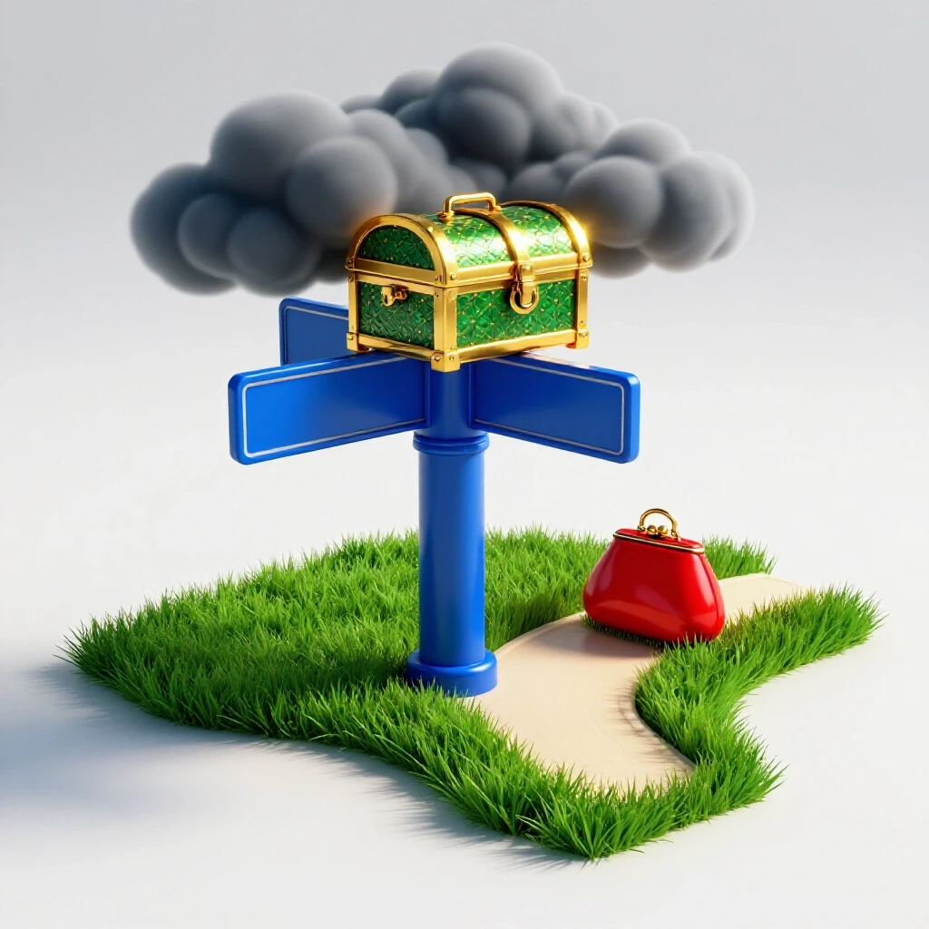 Crossroads with a treasure chest through stormy clouds and a coin purse under sun, signifying risky vs safe major paths