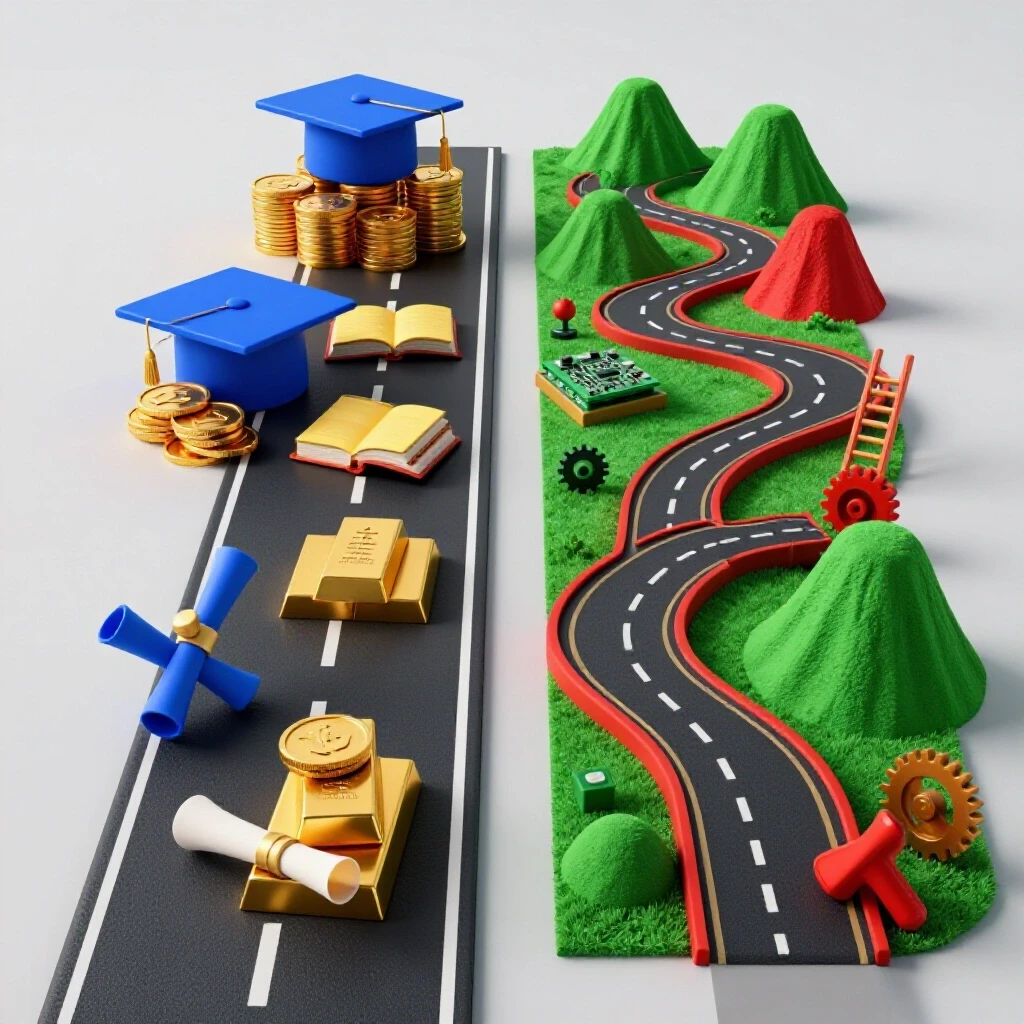 Two distinct 3D paths split from the center: one paved with academic icons leading to money, another twisting through diverse landscapes with career symbols, both set against a bright, clean background.