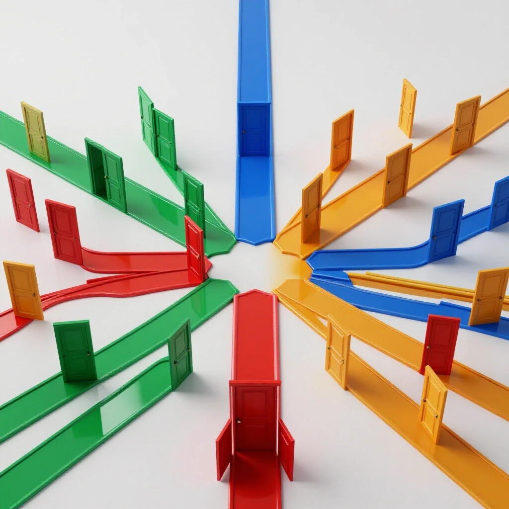 Diverging vibrant academic pathways as glossy colored trails or doors centered on a bright background.