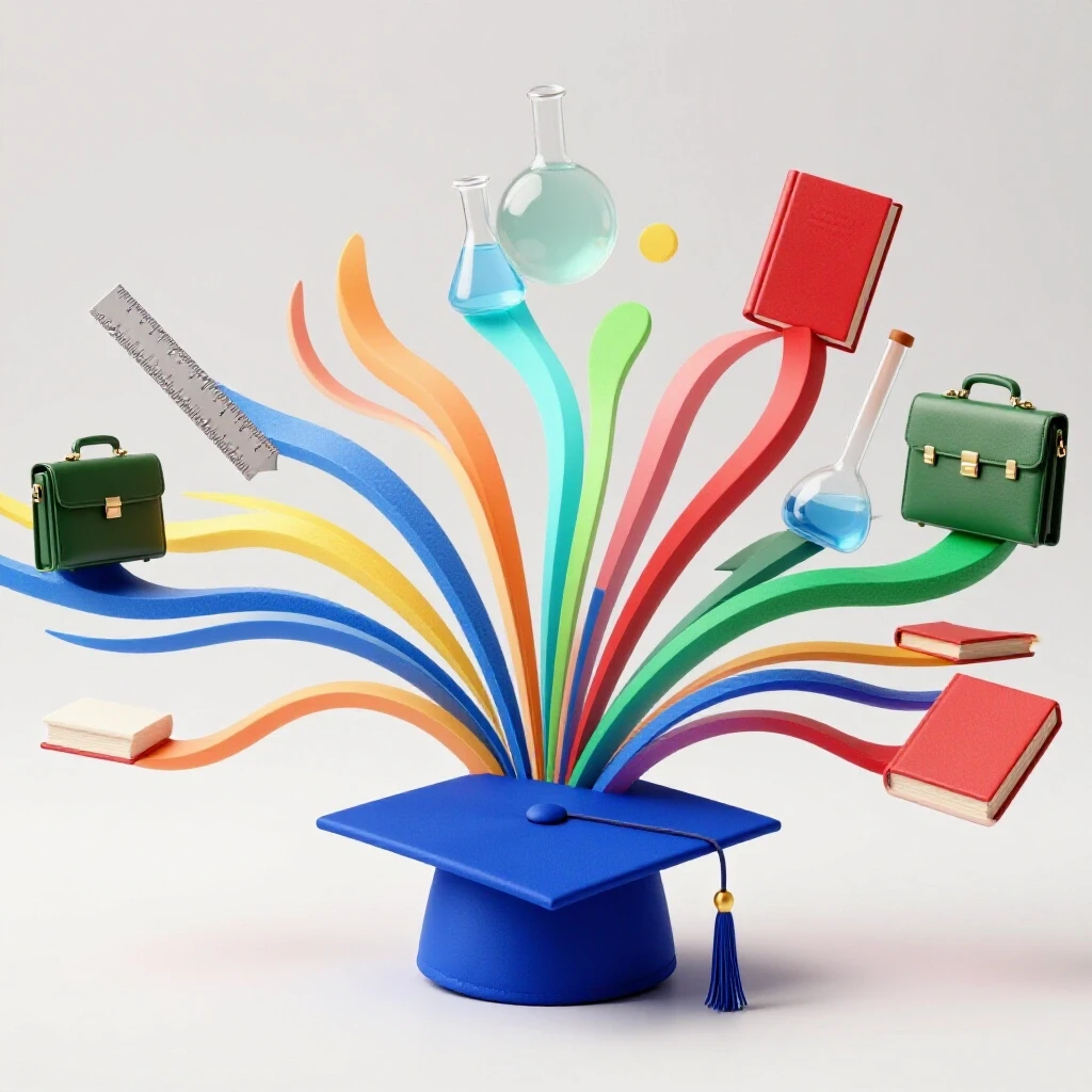 Graduation cap splitting into multiple objects representing diverse career paths on a bright background.