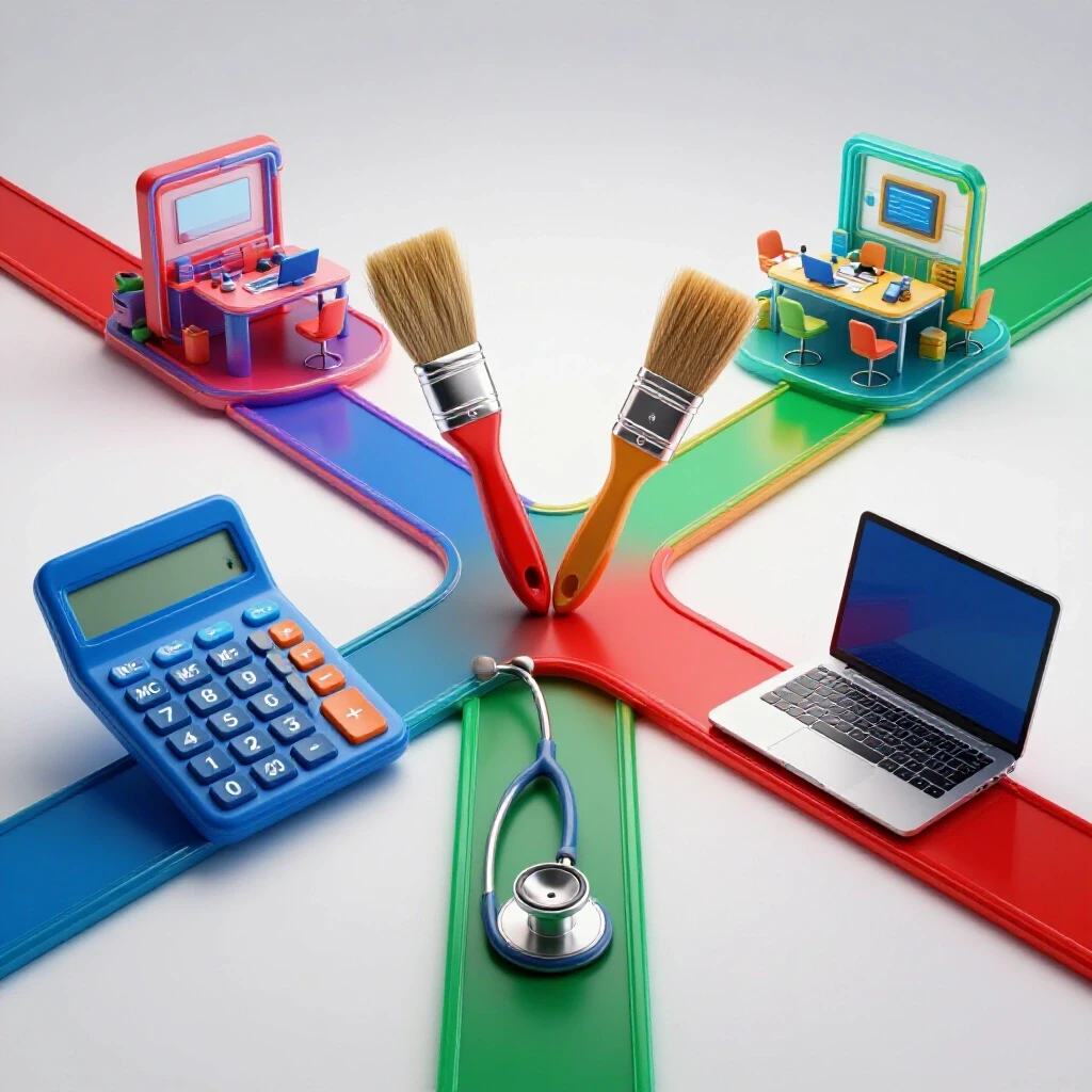 Symbolic objects at a crossroads represent college majors branching toward diverse career paths in a bright studio setting.