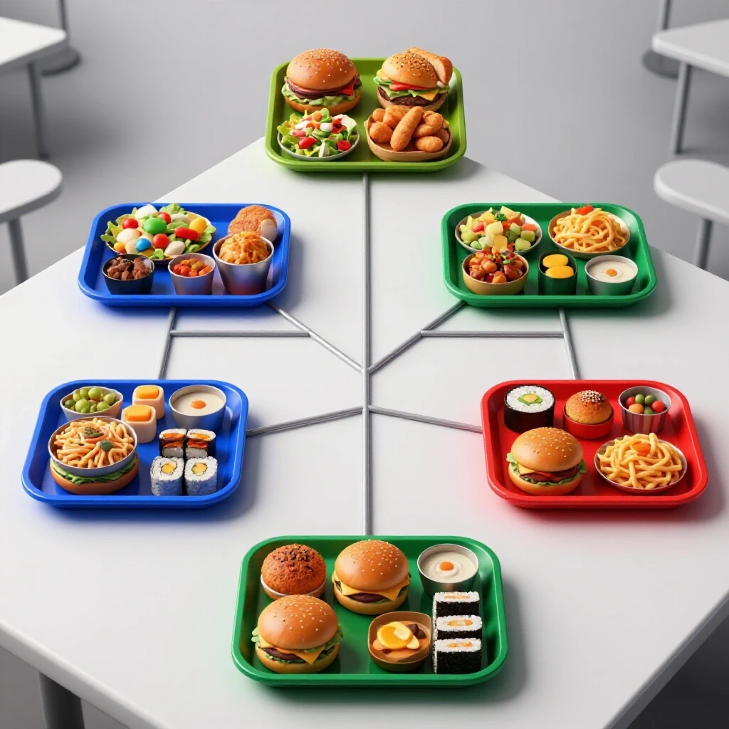 Four brightly colored meal trays on a cafeteria table, branching out from a central tray, each featuring distinct foods.