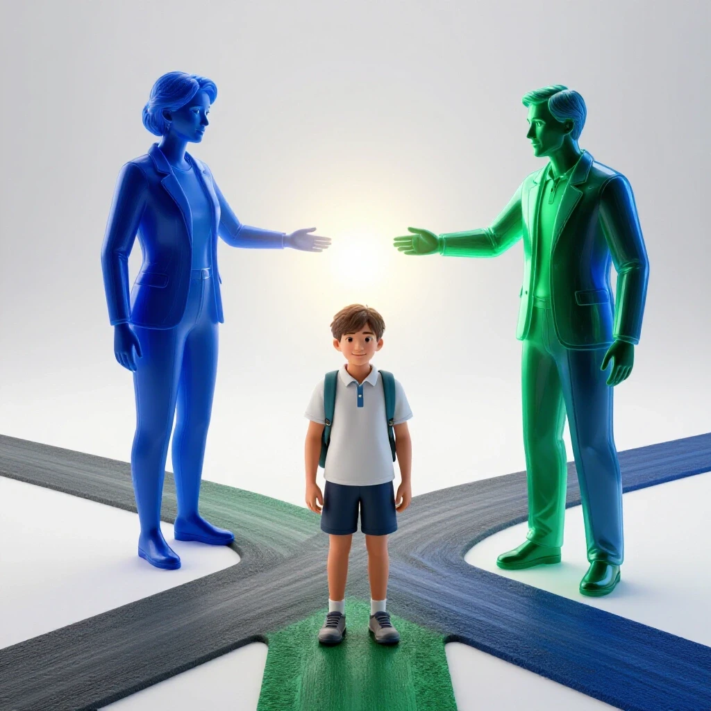 A confident student stands at a crossroads, guided by a luminous mentor toward a bright horizon symbolizing opportunity.