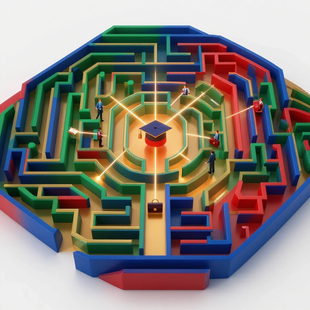 Vibrant 3D maze event space with student-related icons and glowing pathways illustrating networking connections.