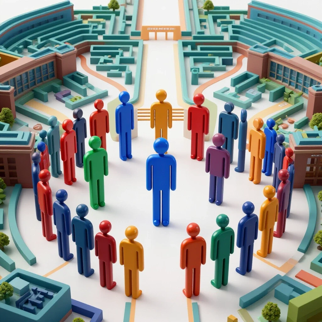 Diverse group of colorful abstract student figures at the entrance of a maze-like campus with branching paths.