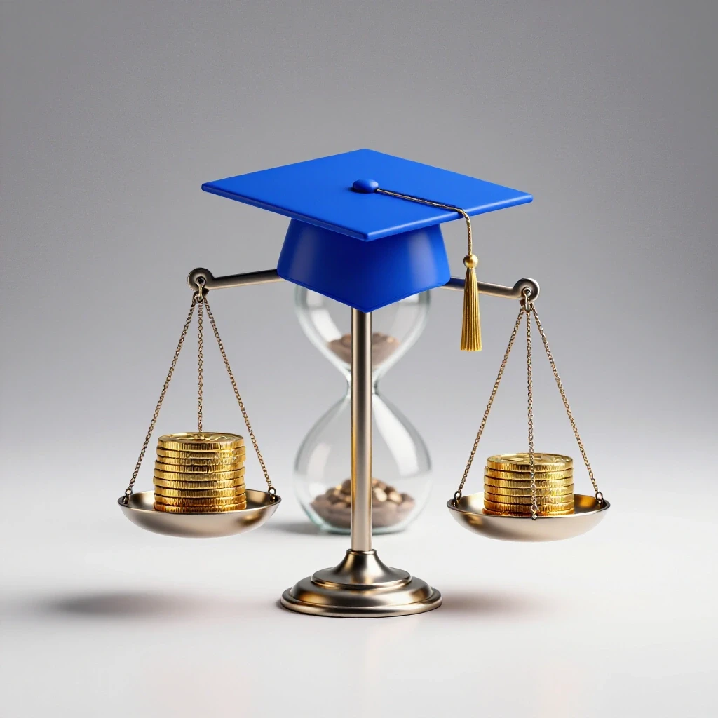 Balanced scale with graduation cap and gold coins, backed by an hourglass on a bright white background.