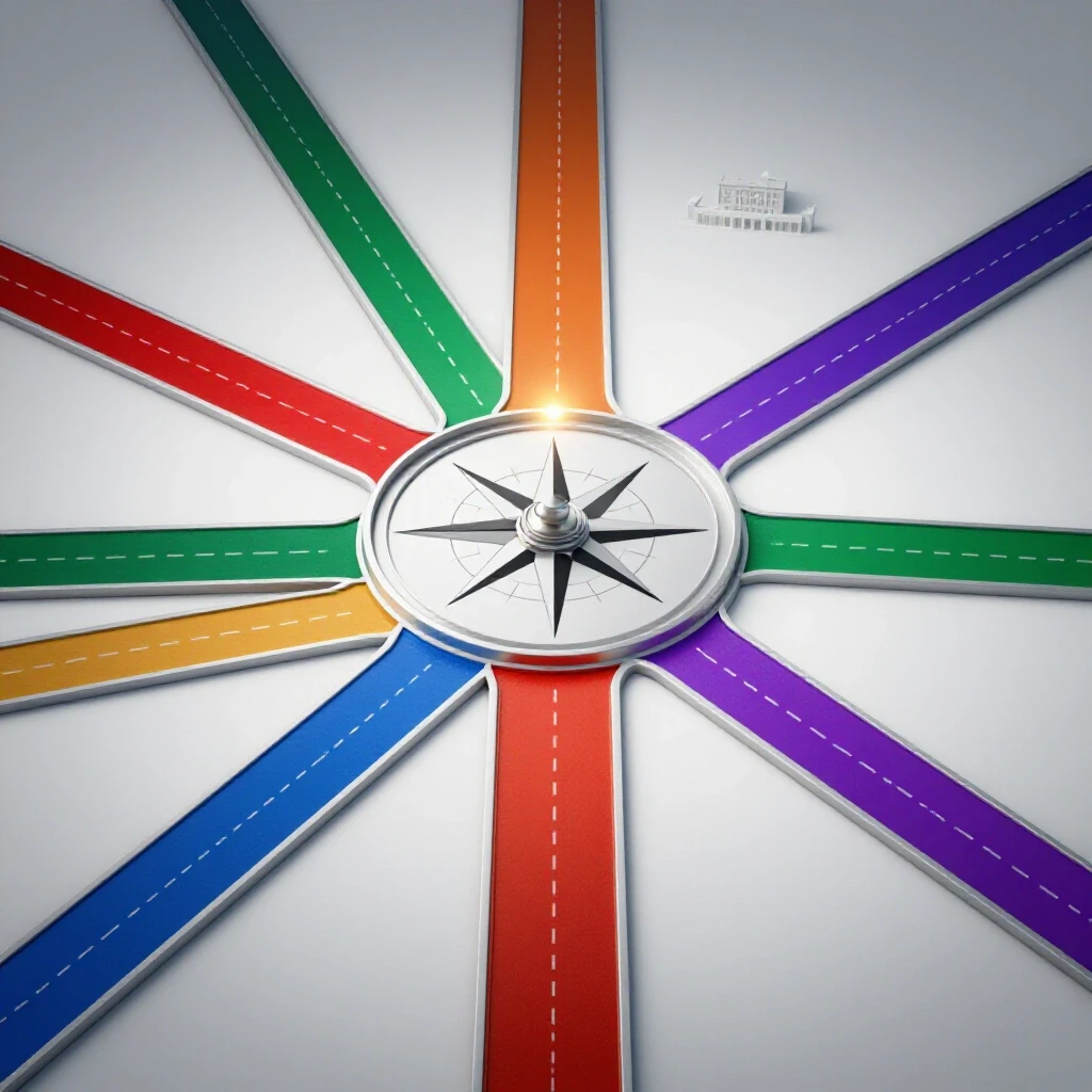 Colorful campus paths branching from a central compass, symbolizing key college decisions ahead.