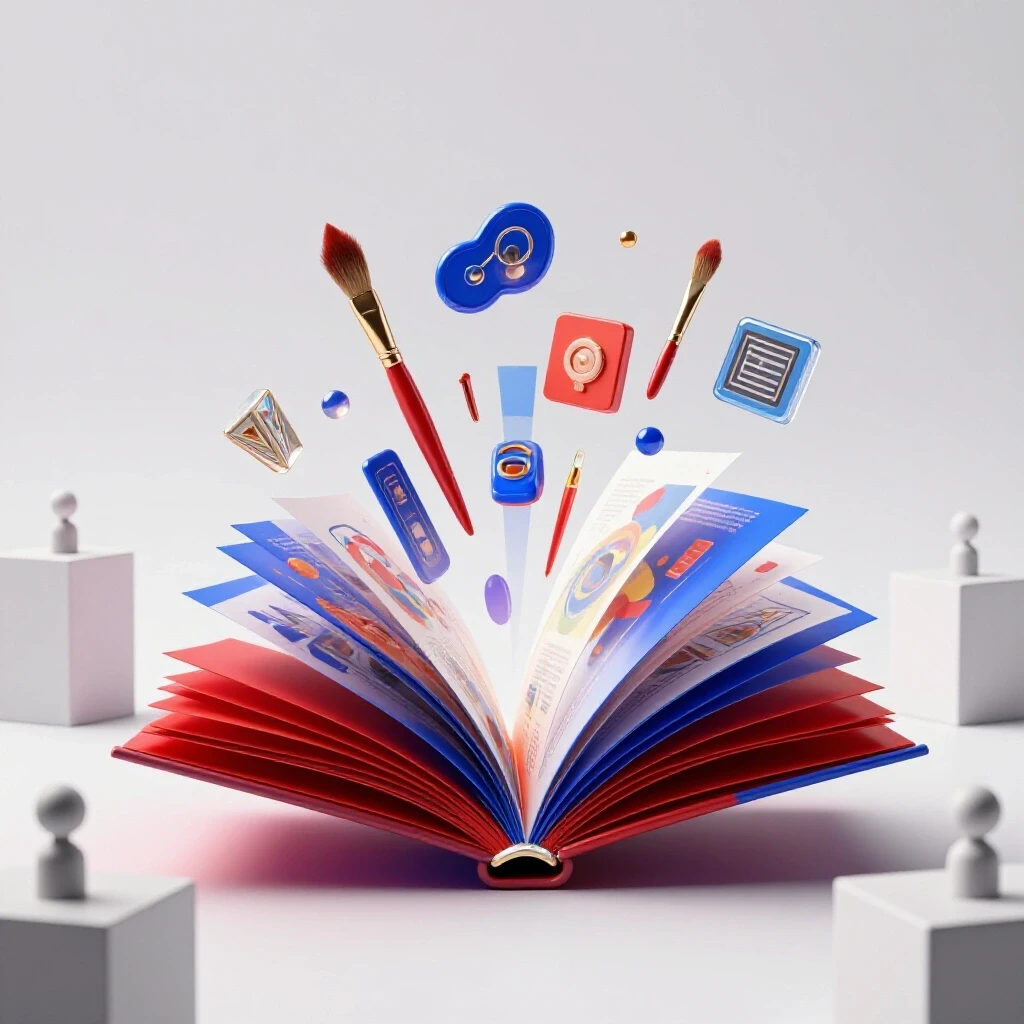 Glossy portfolio with vibrant artwork emerging from its pages on a bright white background, symbolizing college review.