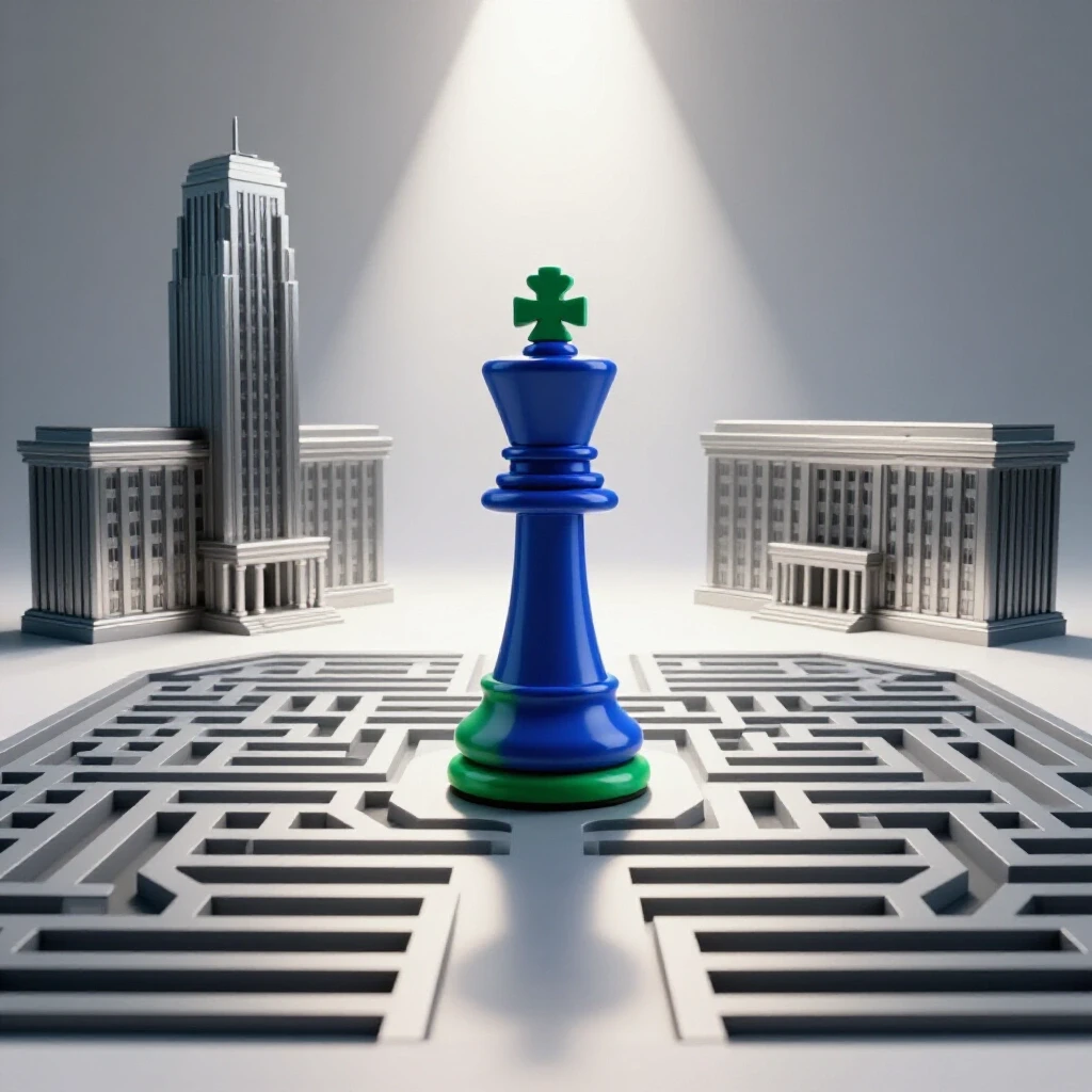 Glossy chess king stands at a maze of branching paths with campus buildings, all under focused light.