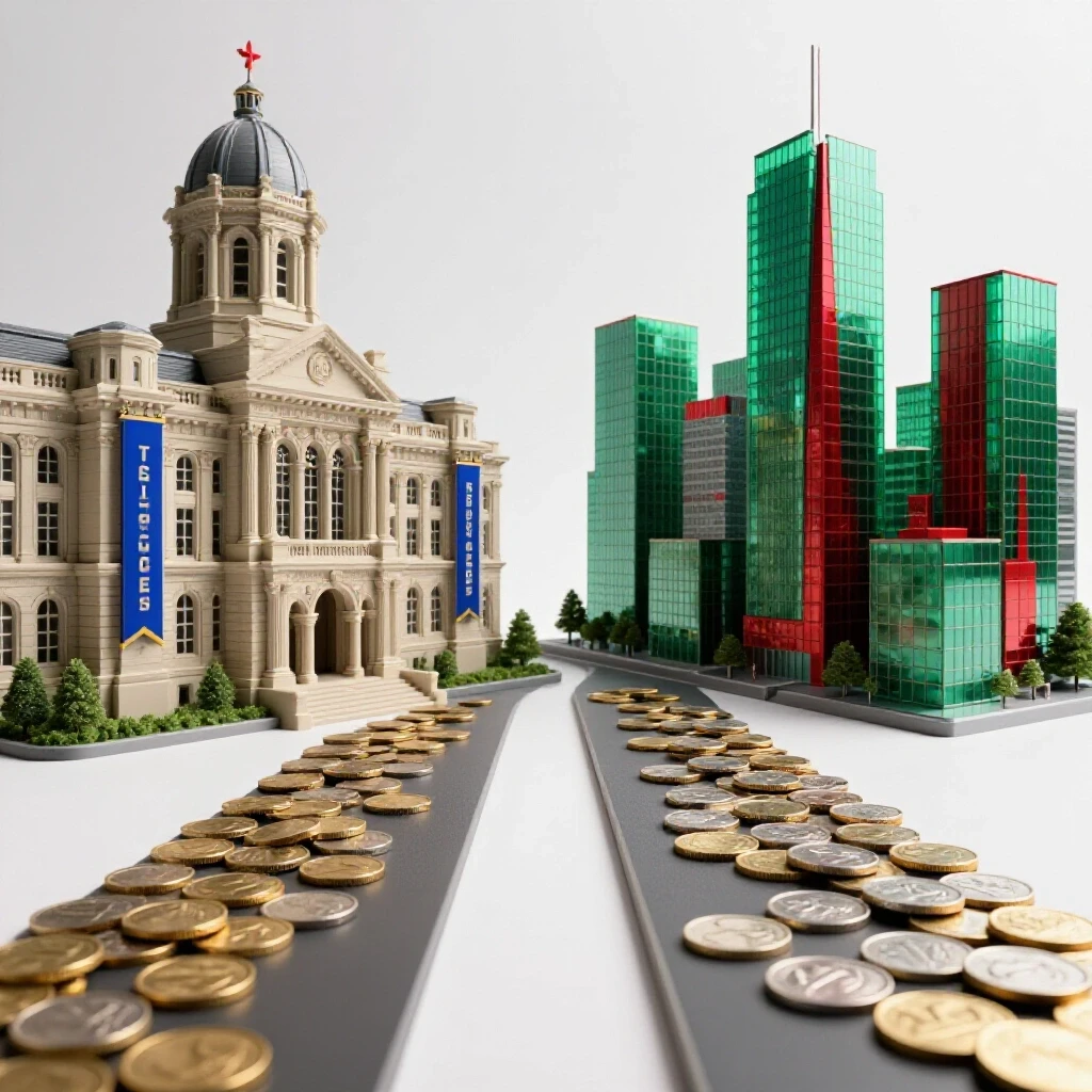 A split pathway leading to a classic university building on one side and a vibrant cityscape on the other, both lined with coins representing differing returns.