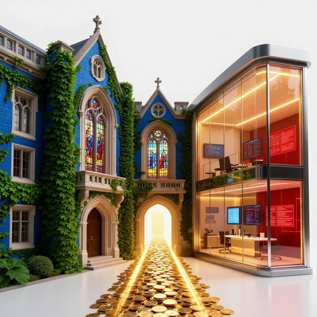 Split scene of an ivy-covered university and a modern office connected by a golden pathway on a bright background.