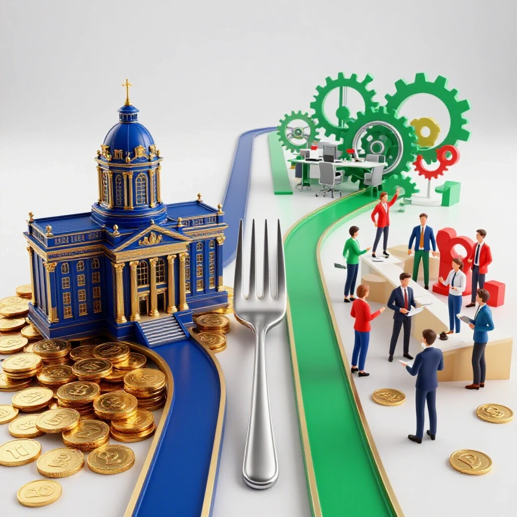 Forked path showing a prestigious university atop gold coins on one side, modern workspace on the other, both brightly lit.