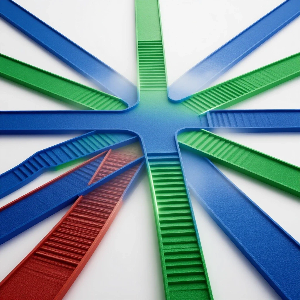 Central crossroads with bold colored staircases labeled with glowing ranks, alternative paths fading into mist, on a bright white background.