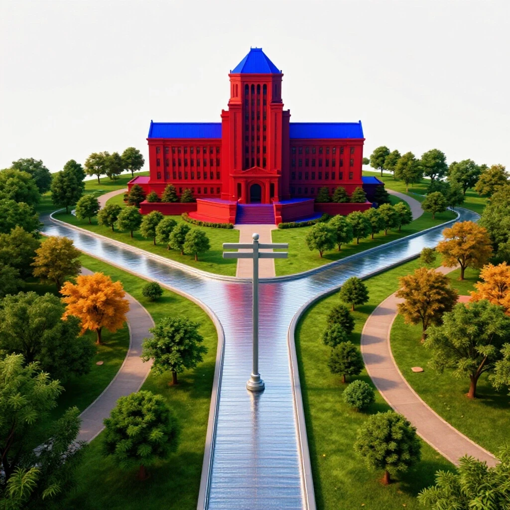 Two dramatic, colorful paths diverge at a crossroads signpost, leading toward a prestigious university on a pedestal and a welcoming campus in nature, centered on a bright white background.