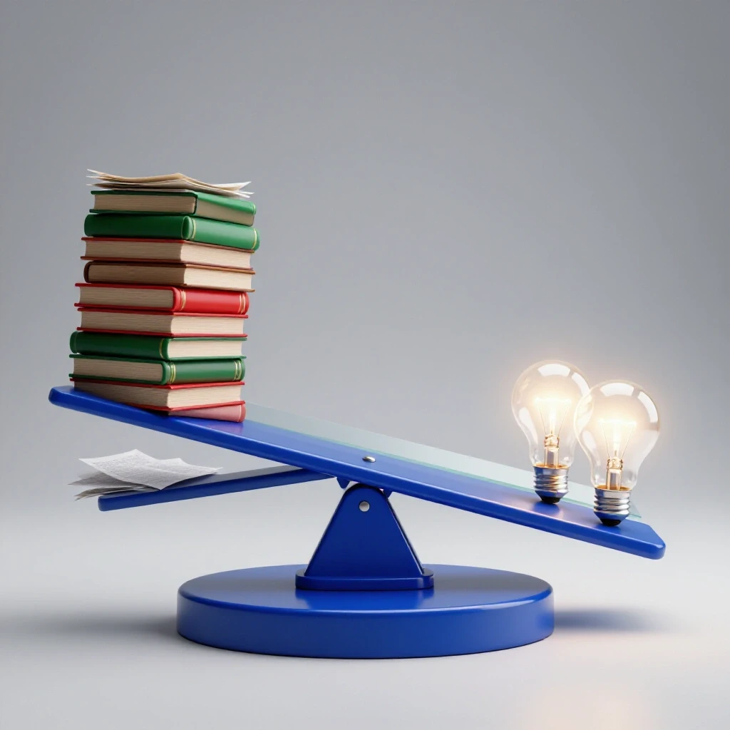 Seesaw balancing a tall stack of colorful books and papers against glowing light bulbs and a clear path, illustrating college research challenges.
