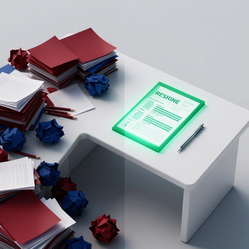 Split scene of a messy desk with crumpled red and blue papers beside a clean workspace with a glowing green resume.