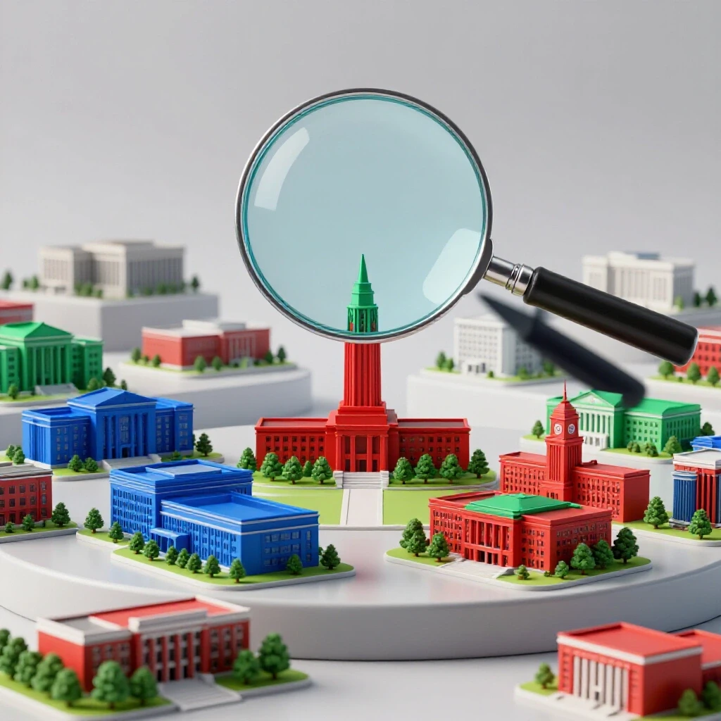 Magnifying glass highlighting vibrant college campuses as others fade into a bright background, symbolizing selective filtering of top institutions.