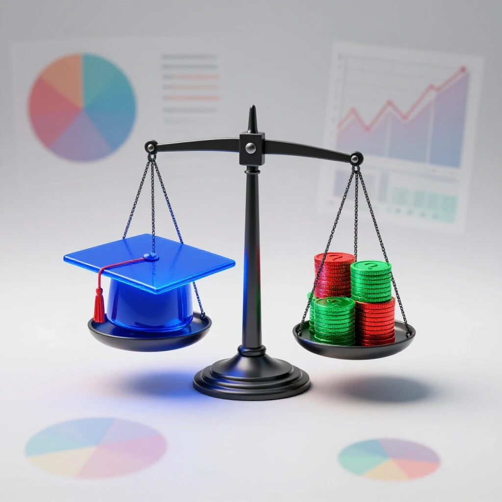 A glowing graduation cap and stacks of coins with question marks balanced on a scale amid swirling charts on a white background.
