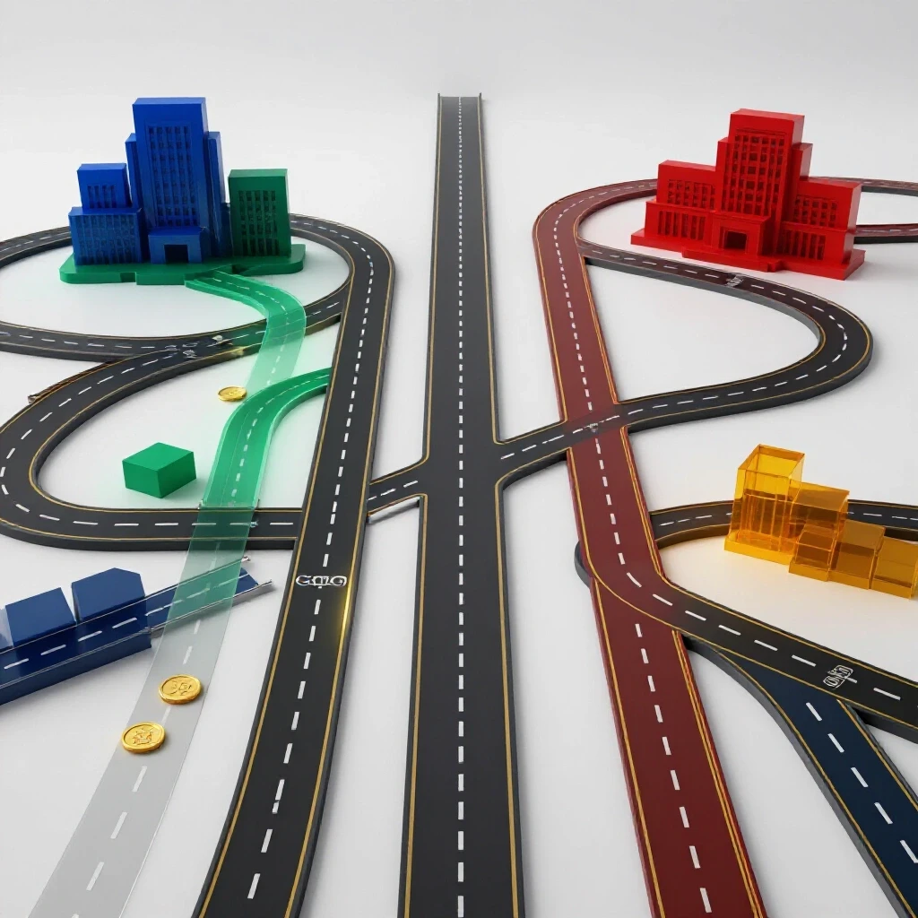 Vivid 3D winding path splitting into colorful roads with coins and obstacles, leading to campus icons on a bright background.