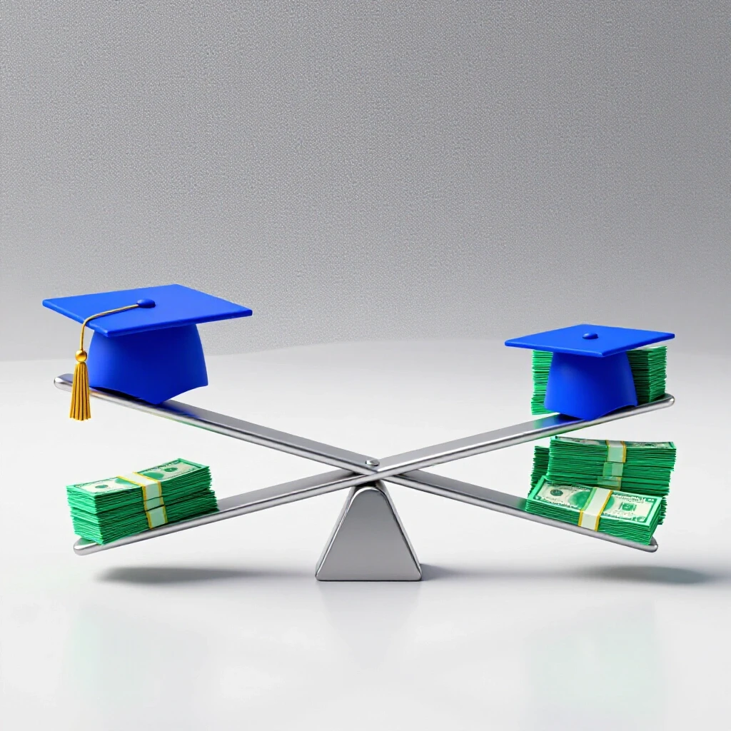 A metallic seesaw sits balanced with a graduation cap on one end and a stack of green cash on the other, symbolizing weighing college costs against financial returns.