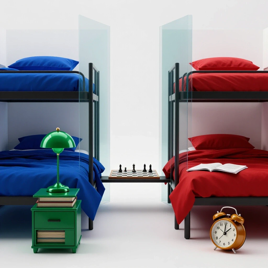 Two contrasting college dorm sections divided by a glass partition, each side showing opposing emotions and a shared bridge symbolizing compromise.