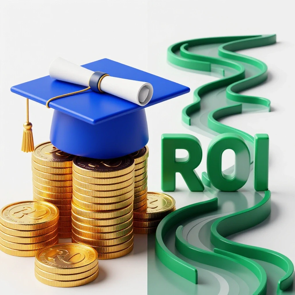 Graduation cap and diploma on coins with hidden winding pathways beneath in a bright split scene