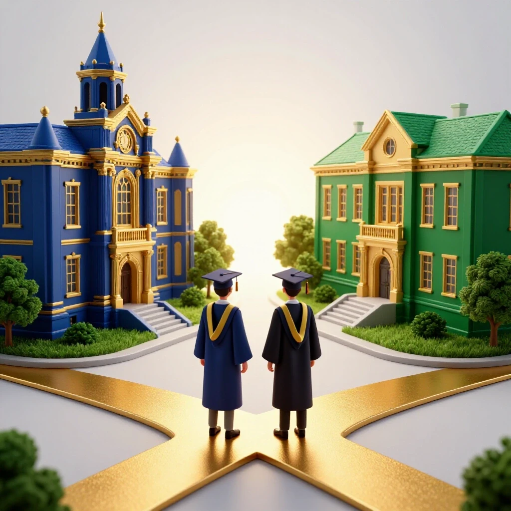 Two graduates stand at a crossroads before ornate and modest campuses, gazing at golden paths that diverge and lead into a glowing horizon, illustrating varied college selectivity and return on investment.