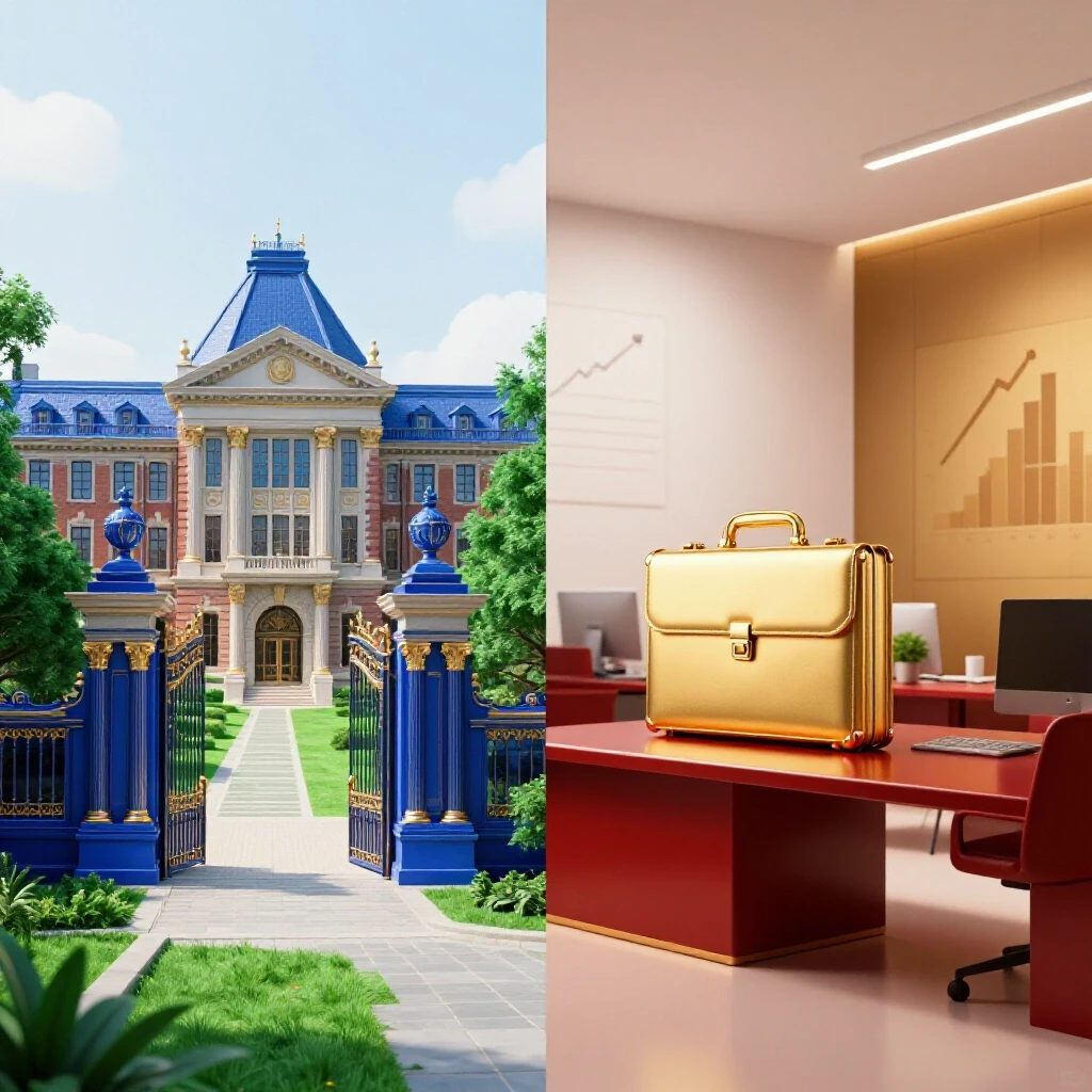 Split scene showing a prestigious college campus and a modern workplace with symbols of financial success.
