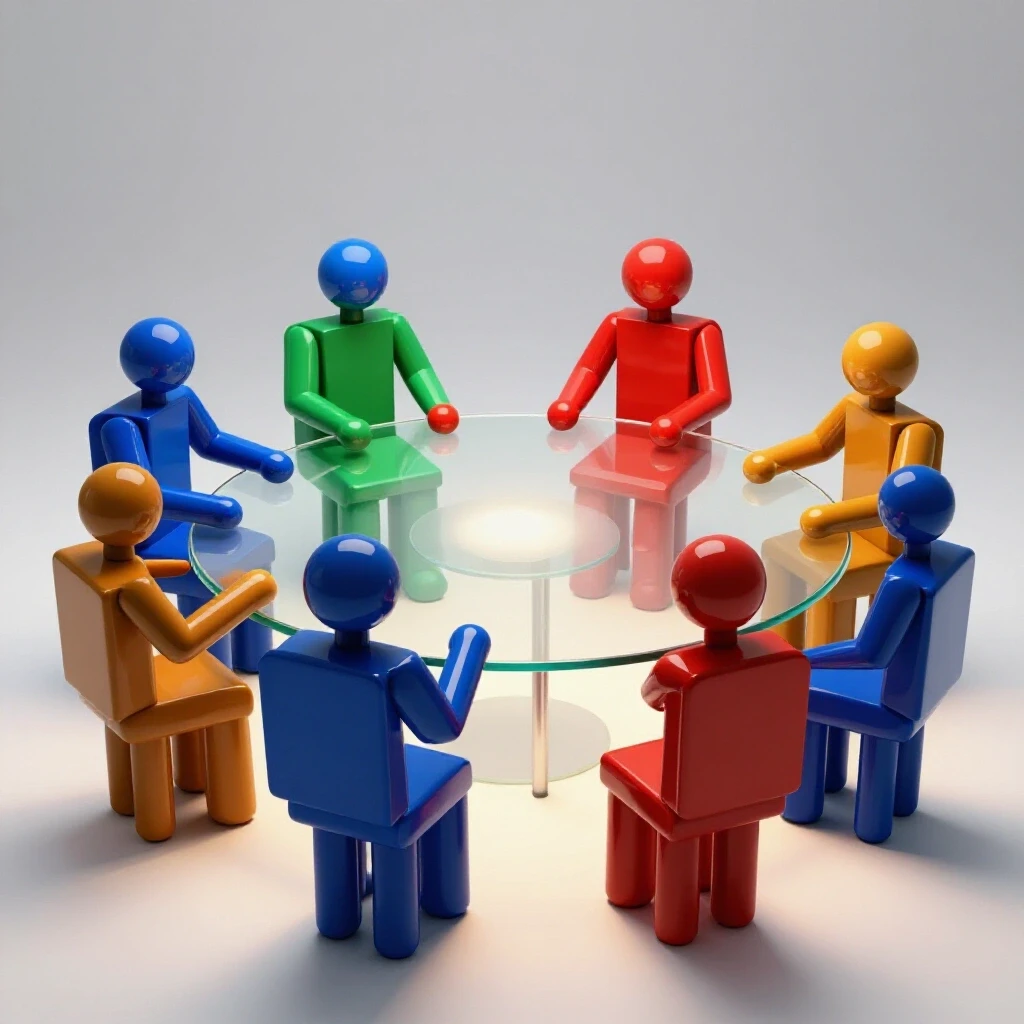 Vivid geometric student figures gathered around a glowing seminar table in a bright, modern studio setting.