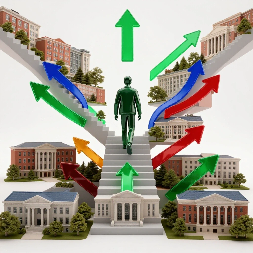 Ascending staircase of college buildings with an abstract student climbing upward, surrounded by dynamic arrows symbolizing transfer options.
