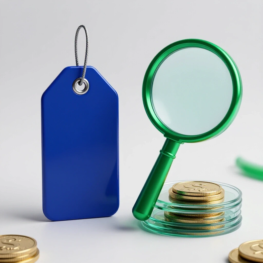A glossy blue price tag beside a green magnifying glass uncovering hidden savings on layered surfaces.
