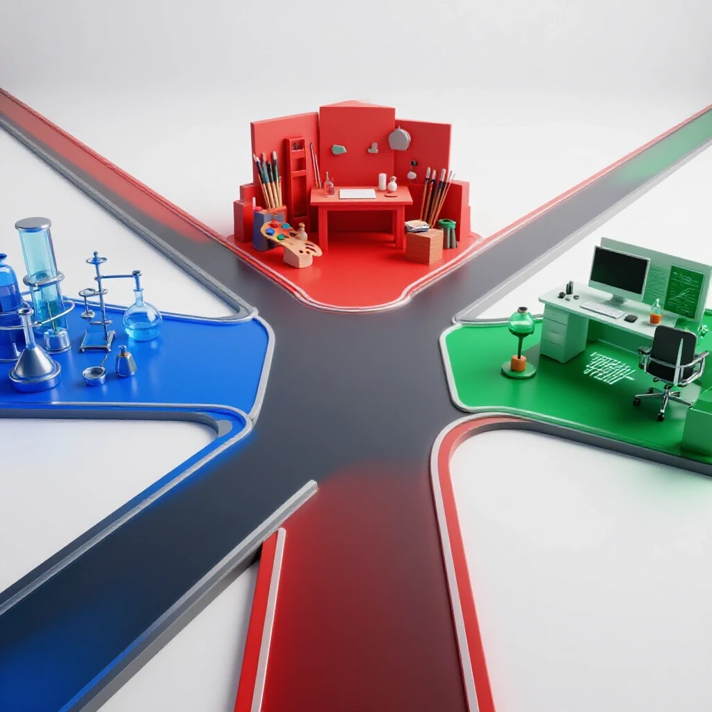 Three diverging vibrant pathways leading to a lab, art studio, and office on a bright white background