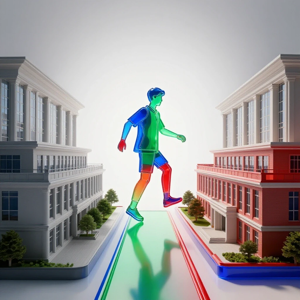 Abstract student figure stepping mid-air across a vibrant path between two modern campus buildings on a bright background.