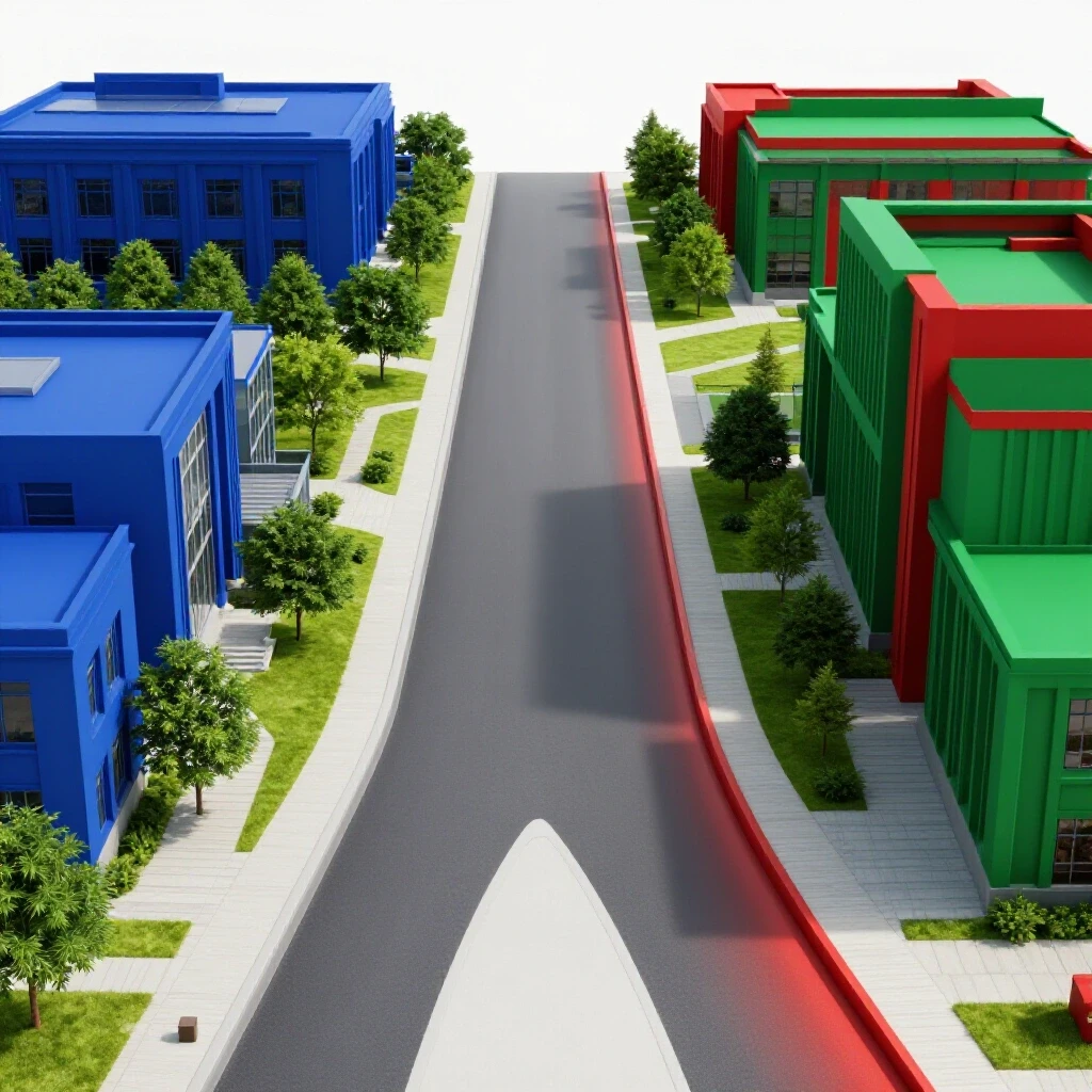 Forked pathway connecting two vibrant campus environments, blending deep blue and emerald greens.