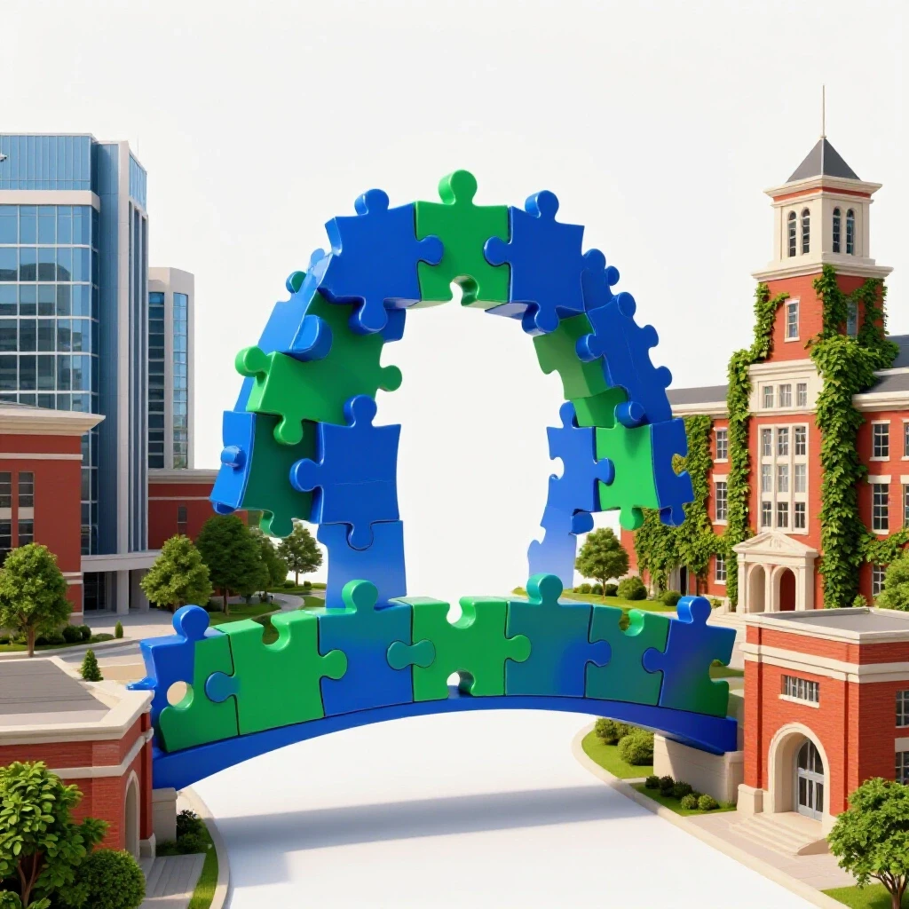 Puzzle bridge connects two vividly colored, contrasting college campuses on a bright white background.