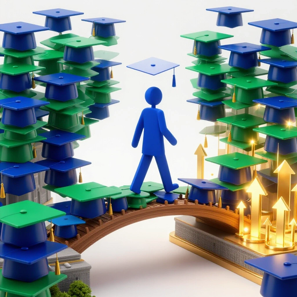 A bridge made of graduation caps connects two campuses, glowing arrows point upward, symbolizing degree value maximization.