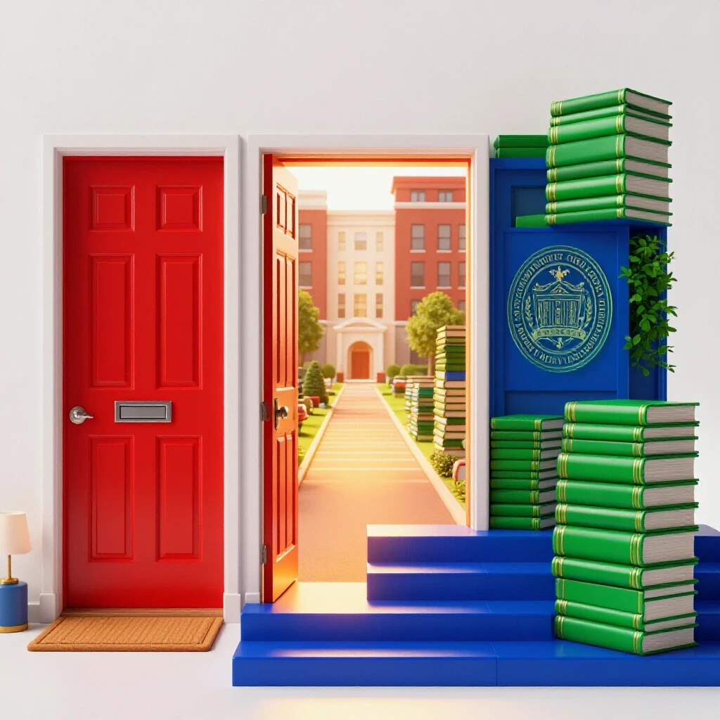 A student-shaped silhouette steps from a red home door into a bright college campus with blue steps and green books.