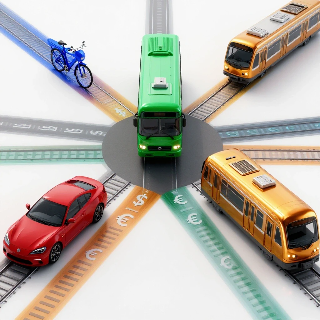 A bike, bus, car, and train at a crossroads, each path marked by currency symbols, representing choices in college transportation budgeting.