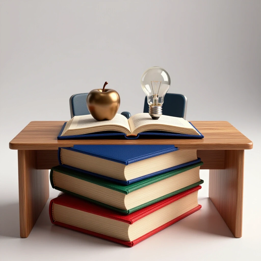 A vivid desk scene with colorful books, a metallic apple, and a glass lightbulb shaped as a student-mentor duo in a well-lit study space.