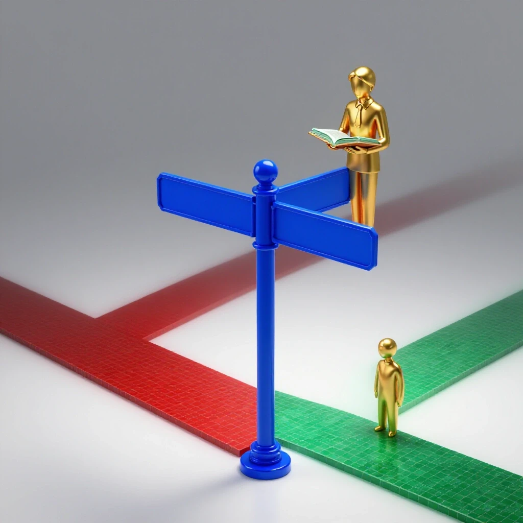Glossy crossroads signpost with illuminated emerald path toward a golden mentor and dim crimson path of uncertainty.