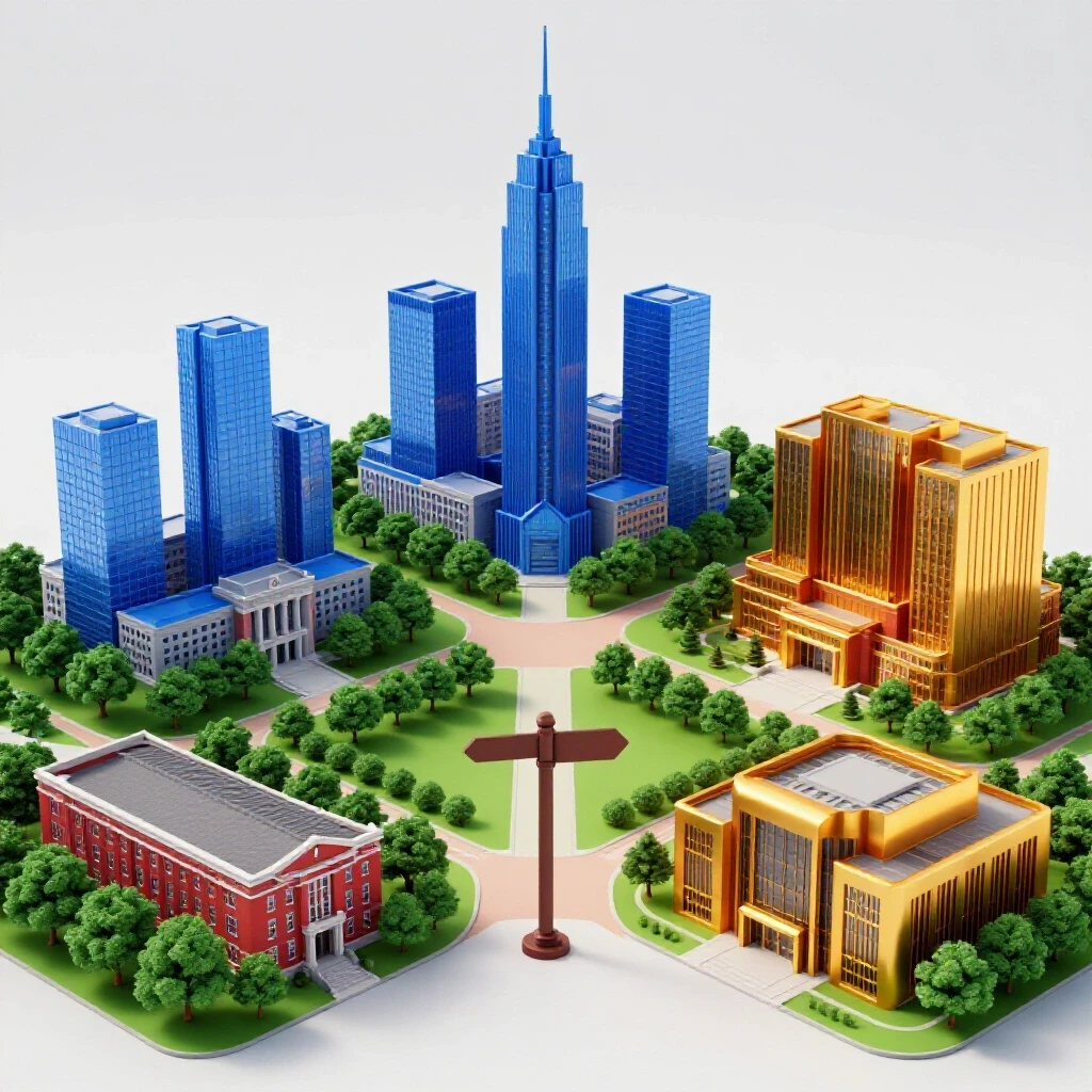 Three distinct campus types—urban skyscrapers, leafy traditional quad, modern tech institute—linked by a winding path at a crossroads on a bright background.