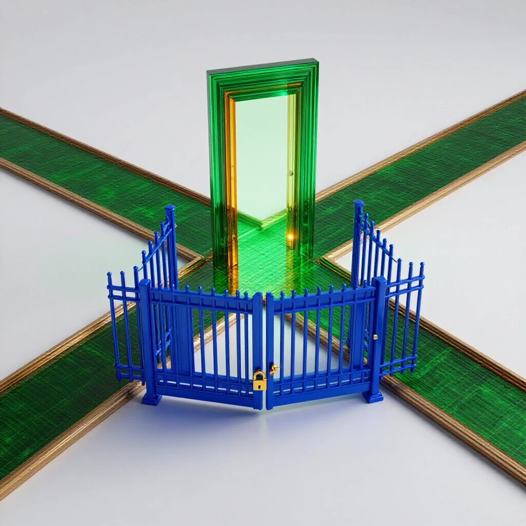 A crossroads with a locked blue gate blocking one path and an inviting glowing doorway opening on another, symbolizing overcoming educational barriers.