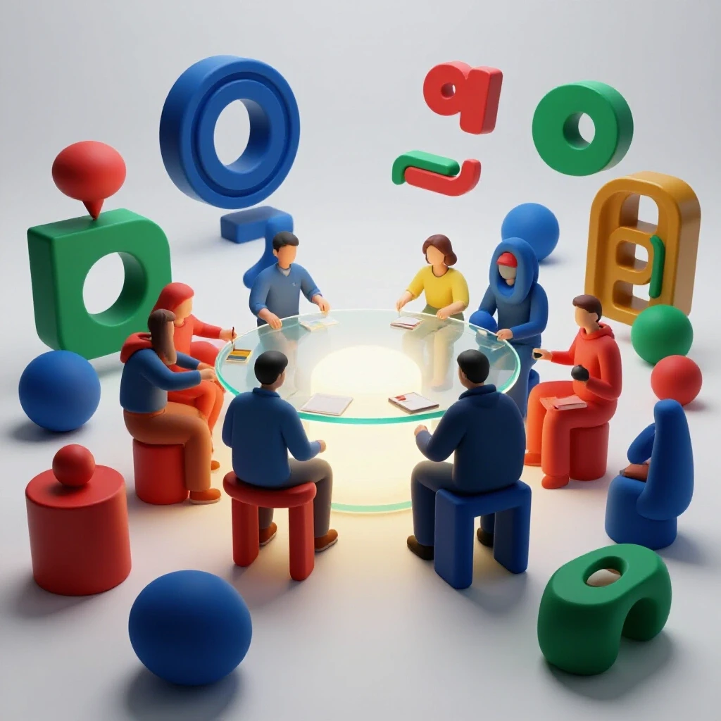 Vivid academic objects arranged in a glowing collaborative circle on a bright white background, evoking teamwork and discovery.