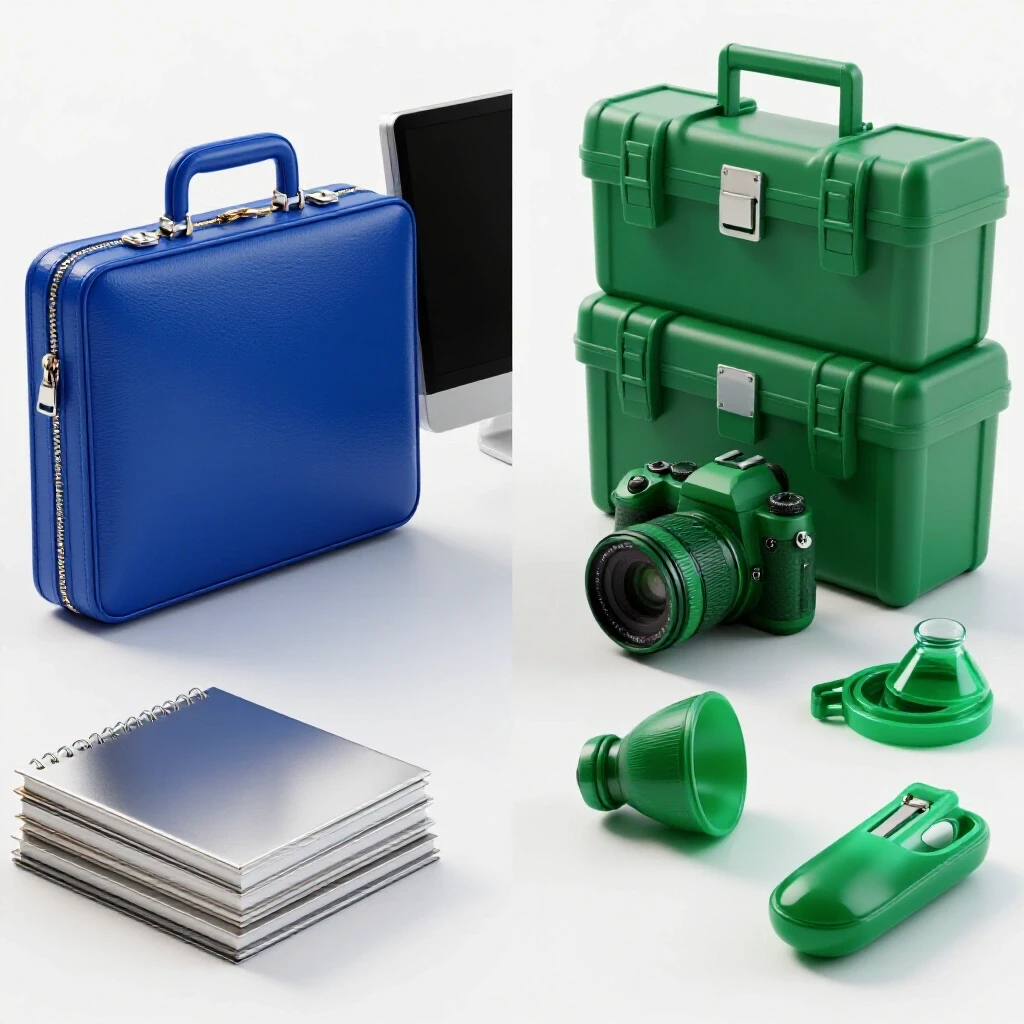 Split scene with glossy office tools on one side and creative hands-on tools on the other, symbolizing career paths.