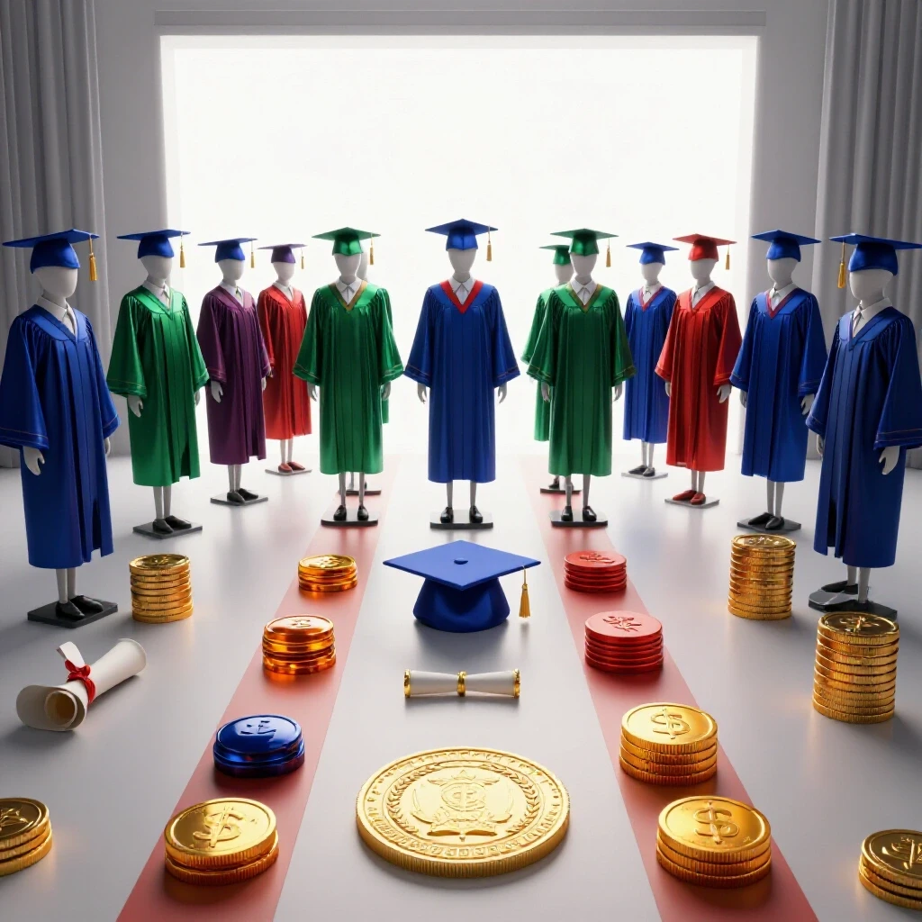 Row of vibrant graduation caps and gowns on stands emerging from a shadowed stage onto a brightly lit path lined with academic symbols and milestones.