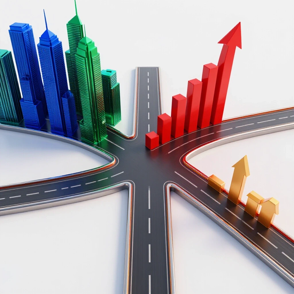 Divergent crossroads with a city skyline and rising stock market graph in rich colors, symbolizing commerce career pathways.