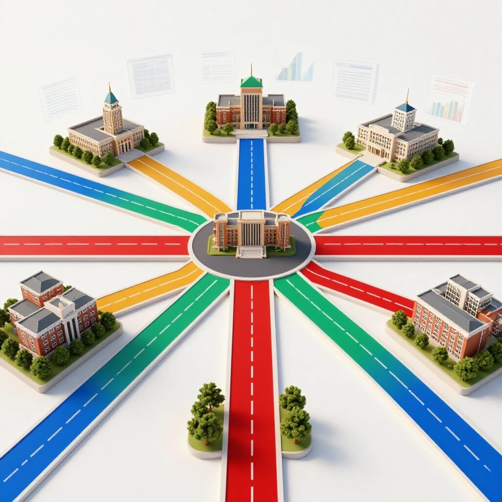Bright crossroads with vibrant colored paths leading to campus models, overlaid with subtle transparent data charts.