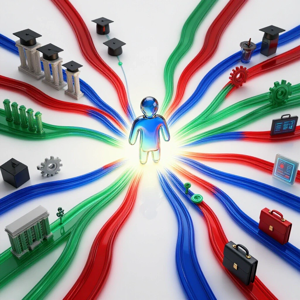 Abstract student at a crossroads with glowing data streams branching towards academic and career icons on a bright background.