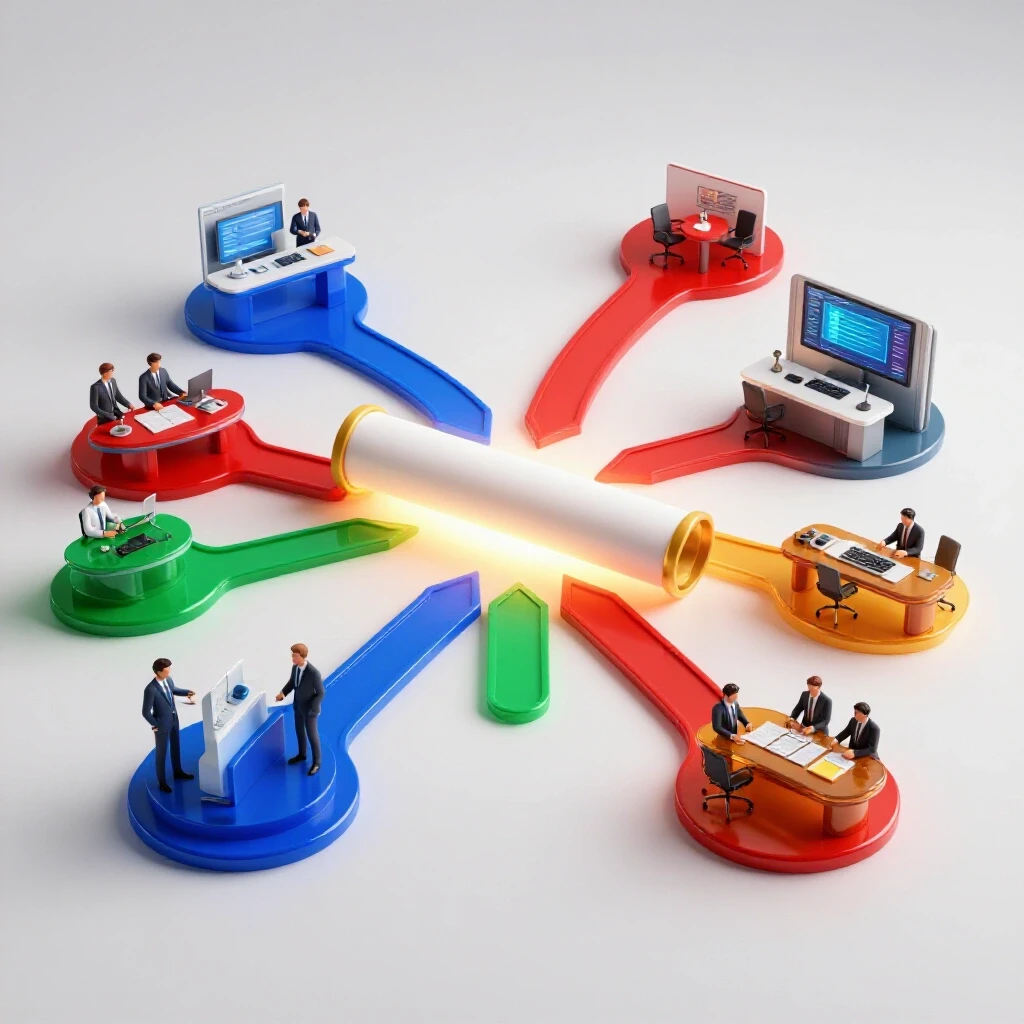 A glowing communications degree scroll at a crossroads, with bold paths leading to colorful, contrasting workplaces.